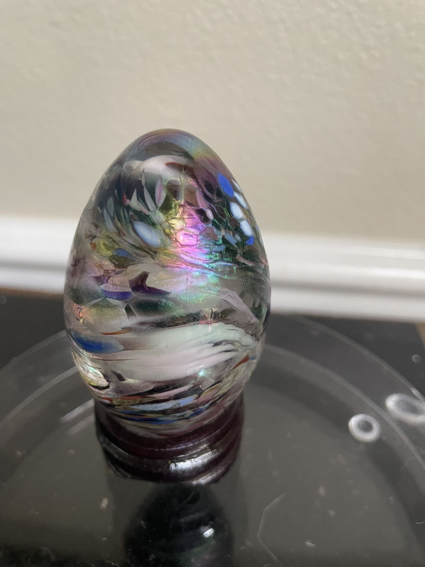 2 1/2Tall Vintage Iridescent Art Glass Egg Shaped Paperweight