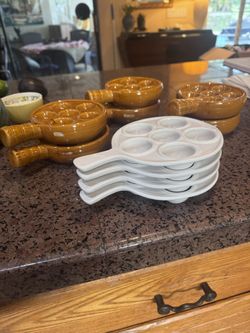 Set of 6 & 4 Vintage French Snail Plate / Escargot Cooking Dishes Oven Proof