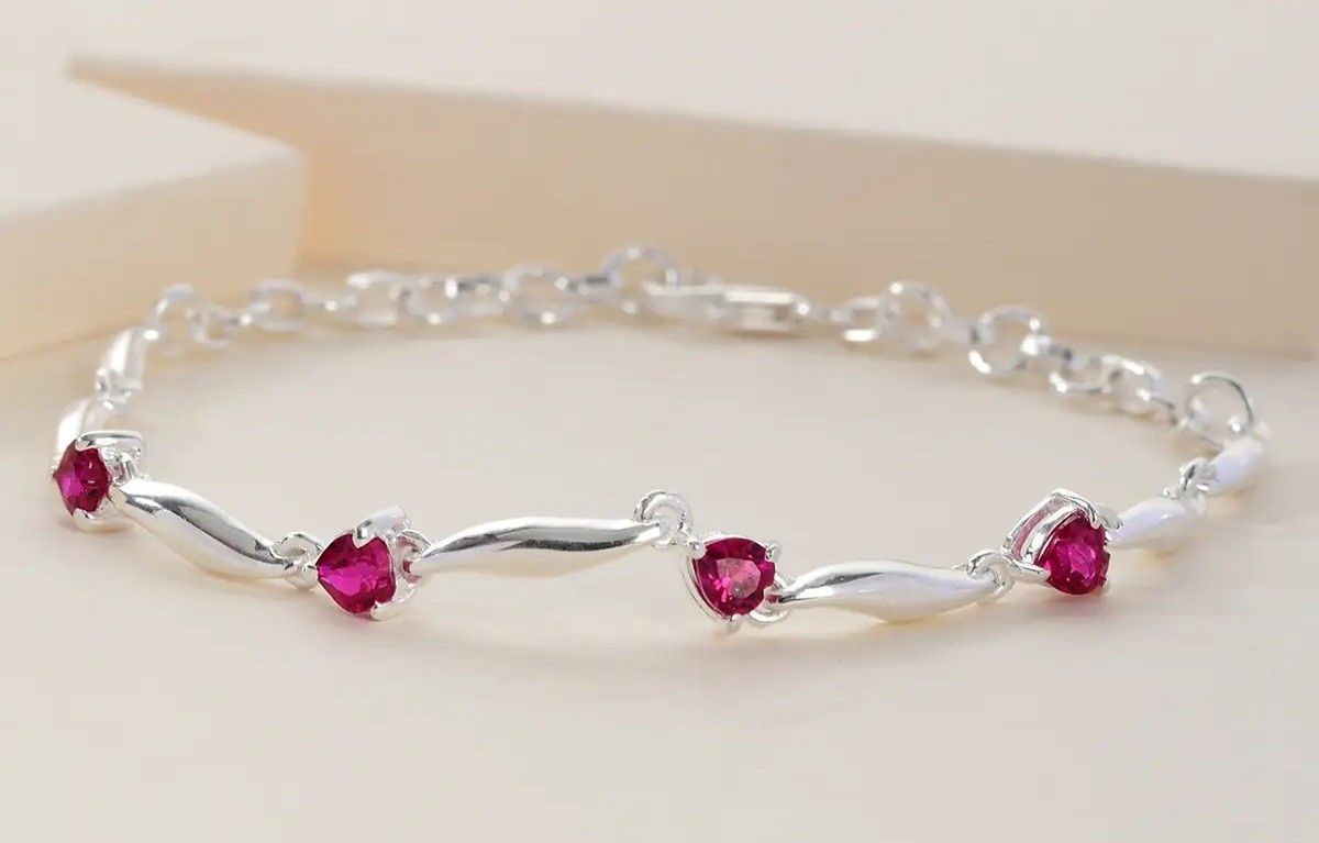Ruby Heart Station Bracelet in Sterling Silver
