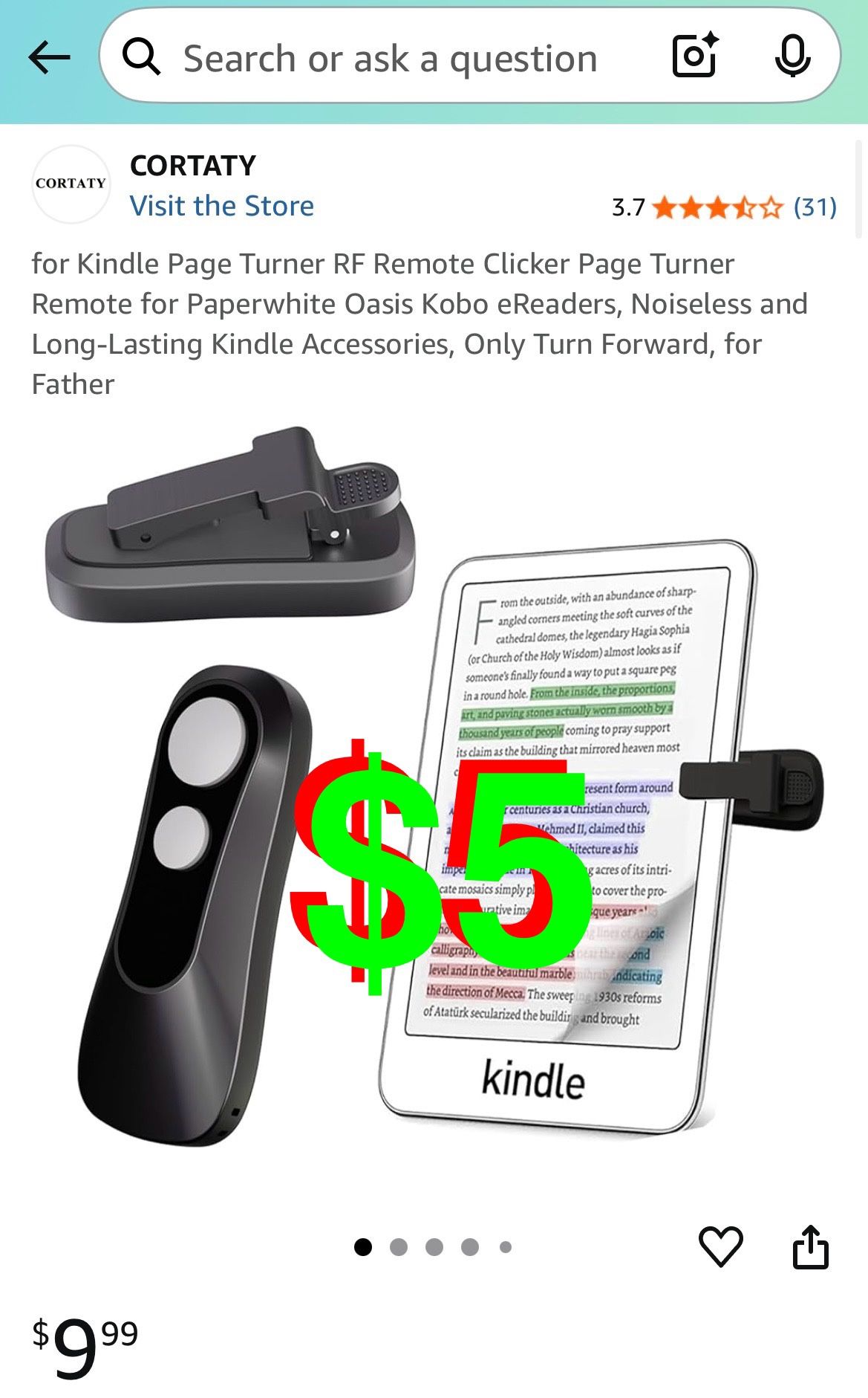 CORTATY - for Kindle Page Turner RF Remote Clicker Page Turner Remote for Paperwhite Oasis Kobo eReaders, Noiseless and Long-Lasting Kindle Accessorie