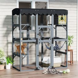 Cat Catio, 71 inch tall Large Gray Wooden Cat Cage with Rainproof Cover & Scratching Post, Cat house,  NEW