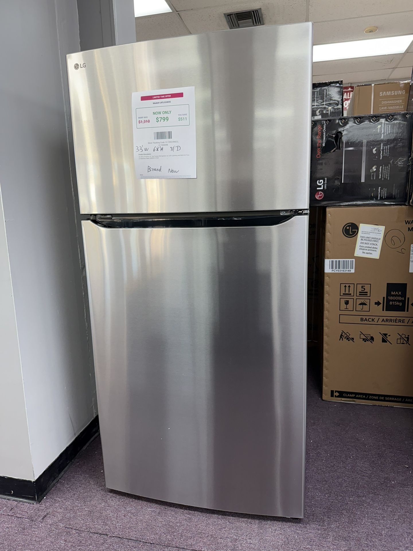 LG 33 in. W 24 cu. ft. Top Freezer Refrigerator w/ LED Lighteing and Multi-Air Flow in Stainless Steel, ENERGY STAR