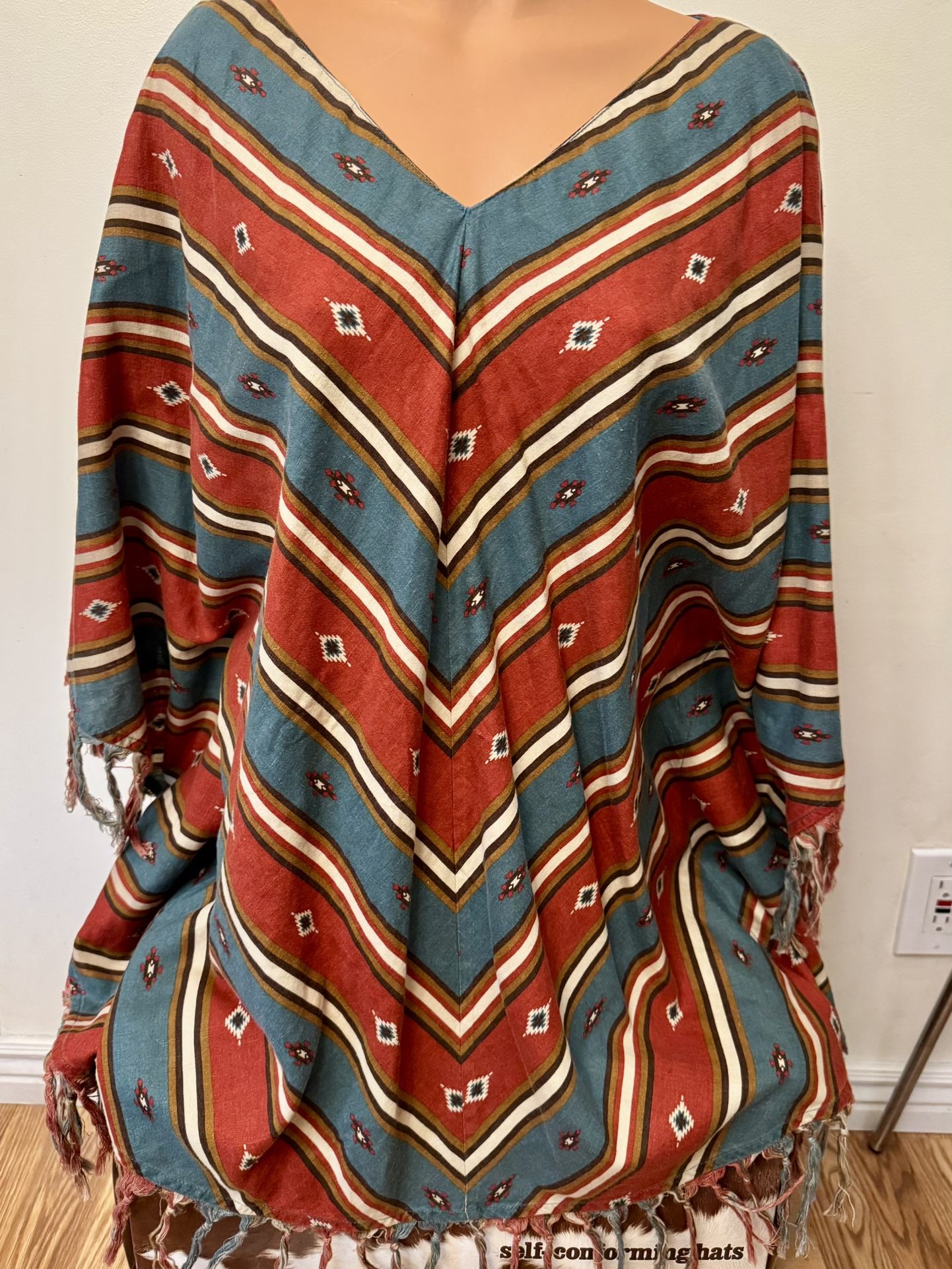 Ryan Michael Linen-Blend Poncho Rodeo Aztec Geometric Western Print L/XL Fringed
