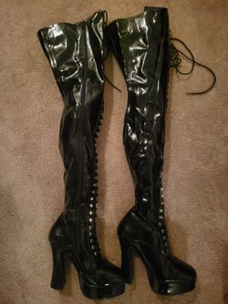 Women's Soft Vinyl Lace-Up High Heel Thigh High Boots - Sz. 8