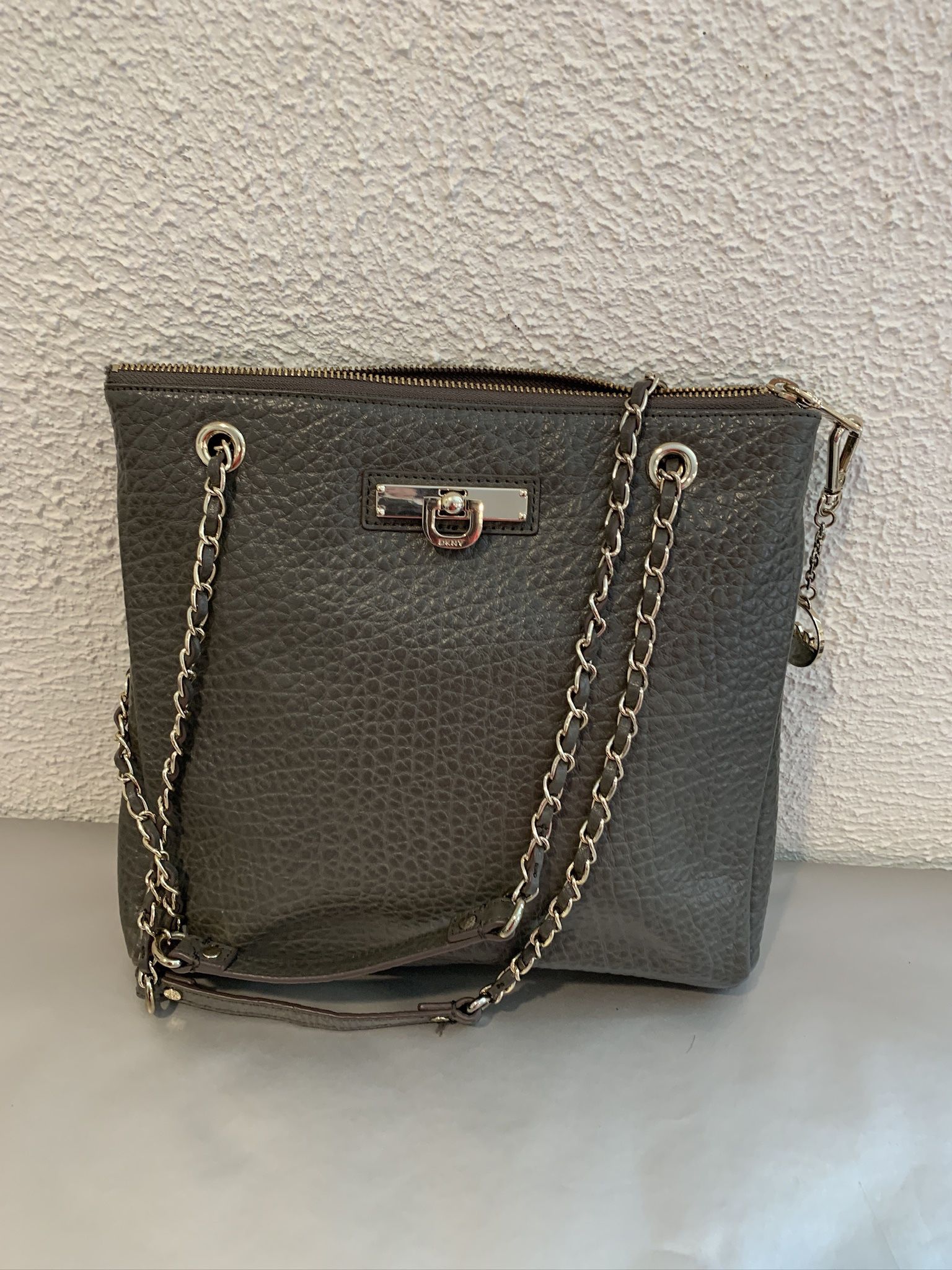 DKNY Gray French Grain Leather Cross-Body/Shoulder Bag 11.5"L x 10"H Donna Karan New York,- Convertible Cross-body/Shoulder Bag Grey French Grain