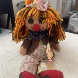 Vintage Cloth Clown Doll KAMAR CO Bobbie Raggy Hair, Button Red Nose 12 #19
