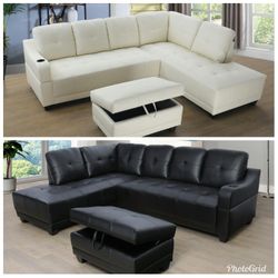 Brand New Leather Sectional Sets With Built In Cup Holder & Storage Ottoman
