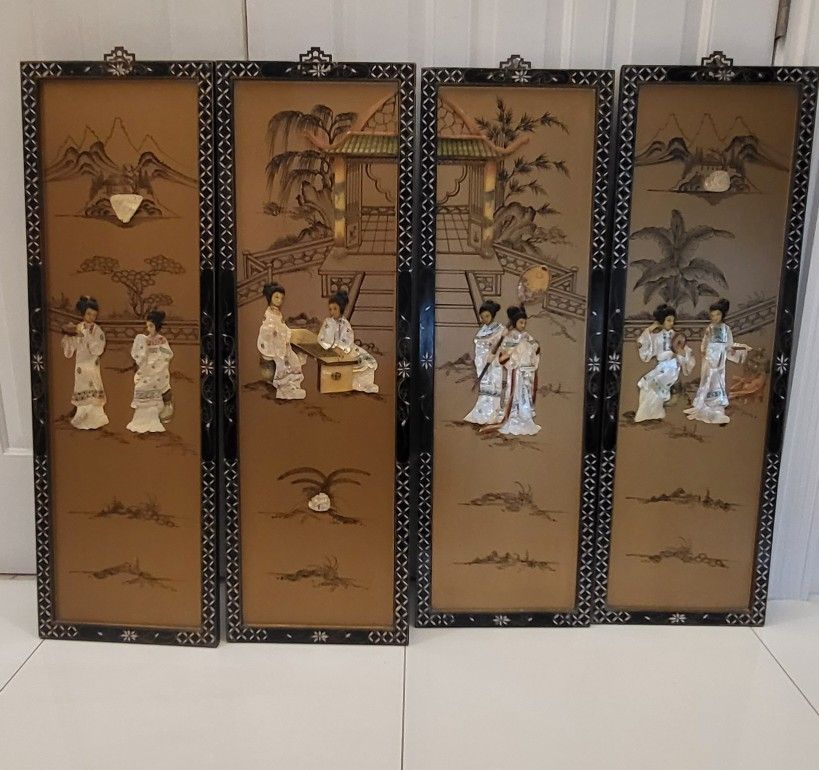 Oriental Black Lacquer Wall Panels Mother Of Pearl Geisha Girls Asian Art