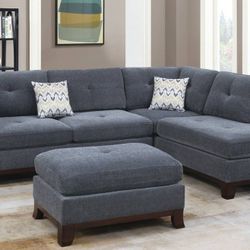 Brand New Grey  3pc Sectional Sofa With Ottoman & Pillows 