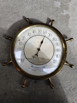 Vintage Hill Funeral Home thermometer, ships wheel shaped/nautical, brass