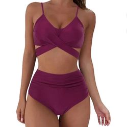 Solid Bikini Set Push Up Bathing Swimwear Split 2pcs Strappy Bra +Bottom