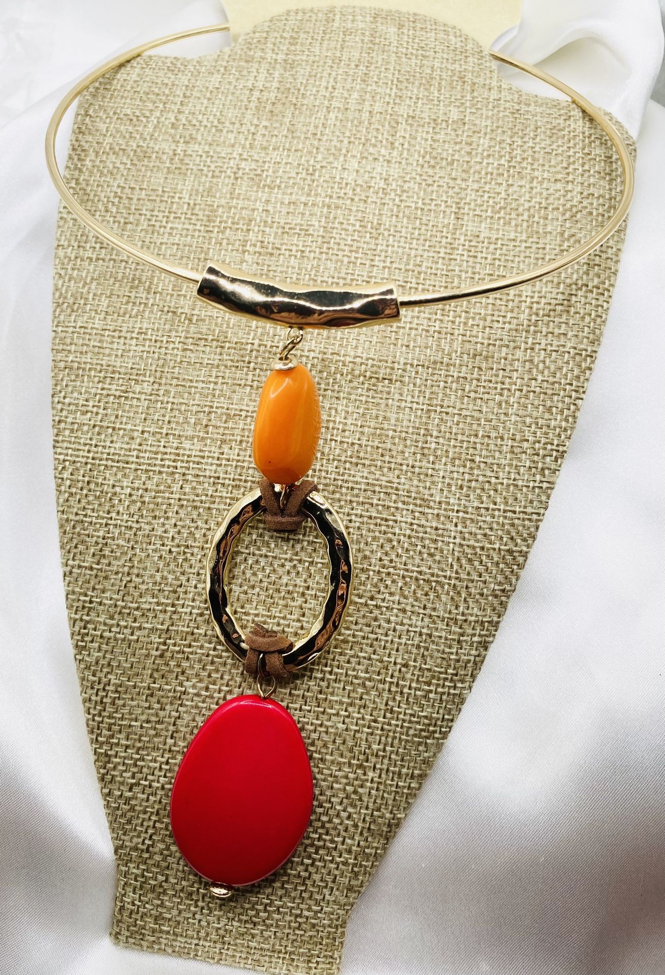 Statement Gold Choker Necklace w/Orange & Red Beads