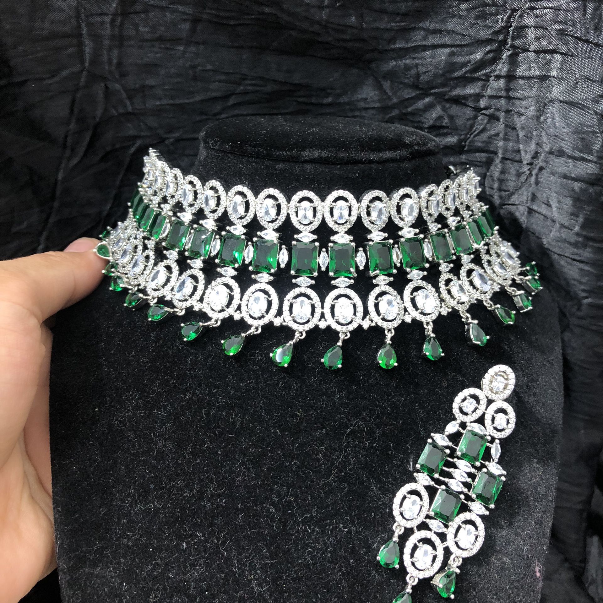 American Diamond AD Necklace Choker White Finish Green Necklace Set Statement Premium Piece  Indian Pakistani Jewellery 