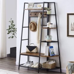 Entryway Coat Rack with Storage Shoes Bench,Industrial Hall Tree with 5 Tier Storage Shelf, Freestanding Clothes Rack with Hooks, Multifunctional Entr
