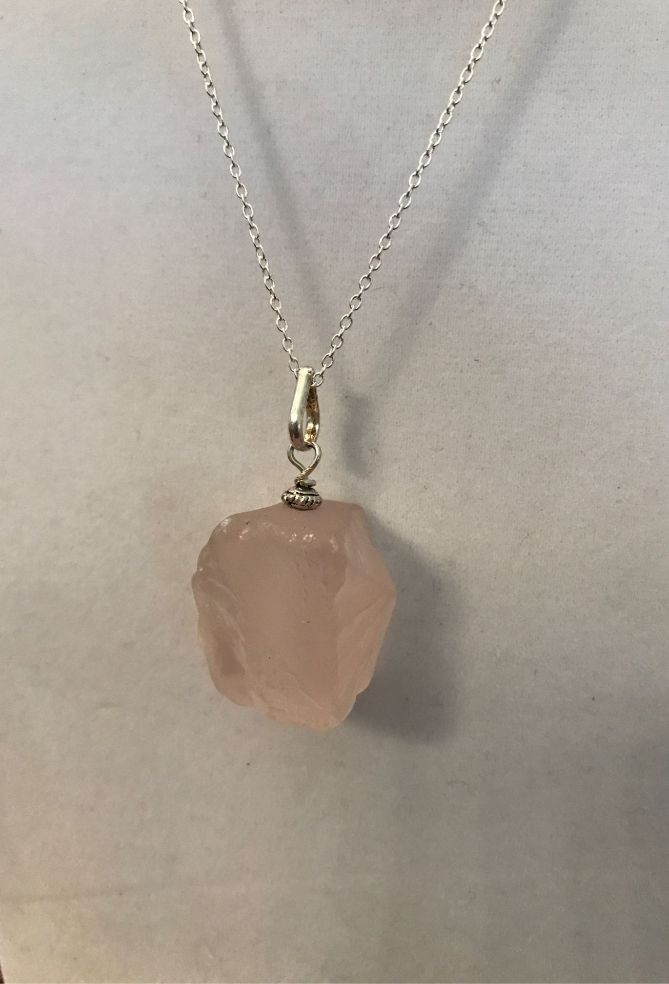 Rose quartz raw stone pendant with sterling silver chain 20 inches