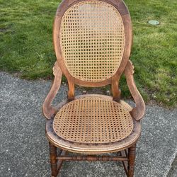 Carved Walnut Wood-Rattan Rocking Chair