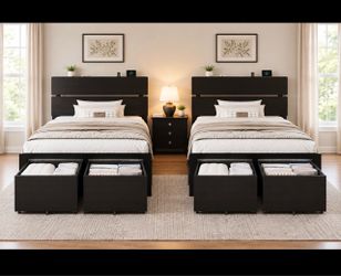 Set of 2pcs Twin Led Bed Frame, 2 Storage Drawers, Charging Station, Black Heavy Duty Metal Slats Support, Platform Bed with Wooden Storage Headboard,
