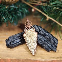 Hand Carved Buffalo Bone Pendant Butterfly Arrowhead In Copper
