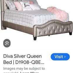 Queen Size Leather Diva Silver Headboard And Footboard With Platform Frame By Hillsdale Furniture