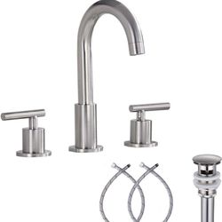 (New in Box) 
Bathroom Faucet Brushed Nickel GGStudy 2 Handle 3 Hole 360 Swivel Spout 8 inch Widespread Bathroom Faucet with Pop Up Drain /8-PF-3144
