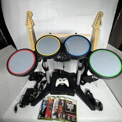 Microsoft Xbox 360 S Rock Band Bundle W/ 2 Guitars, Drums, Mic + Games!!