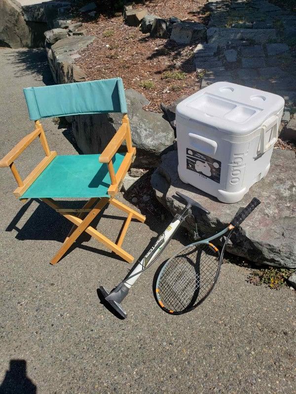 Igloo Cooler, Wilson Tennis Racquet, Raptor Air Pump, Folding Chair