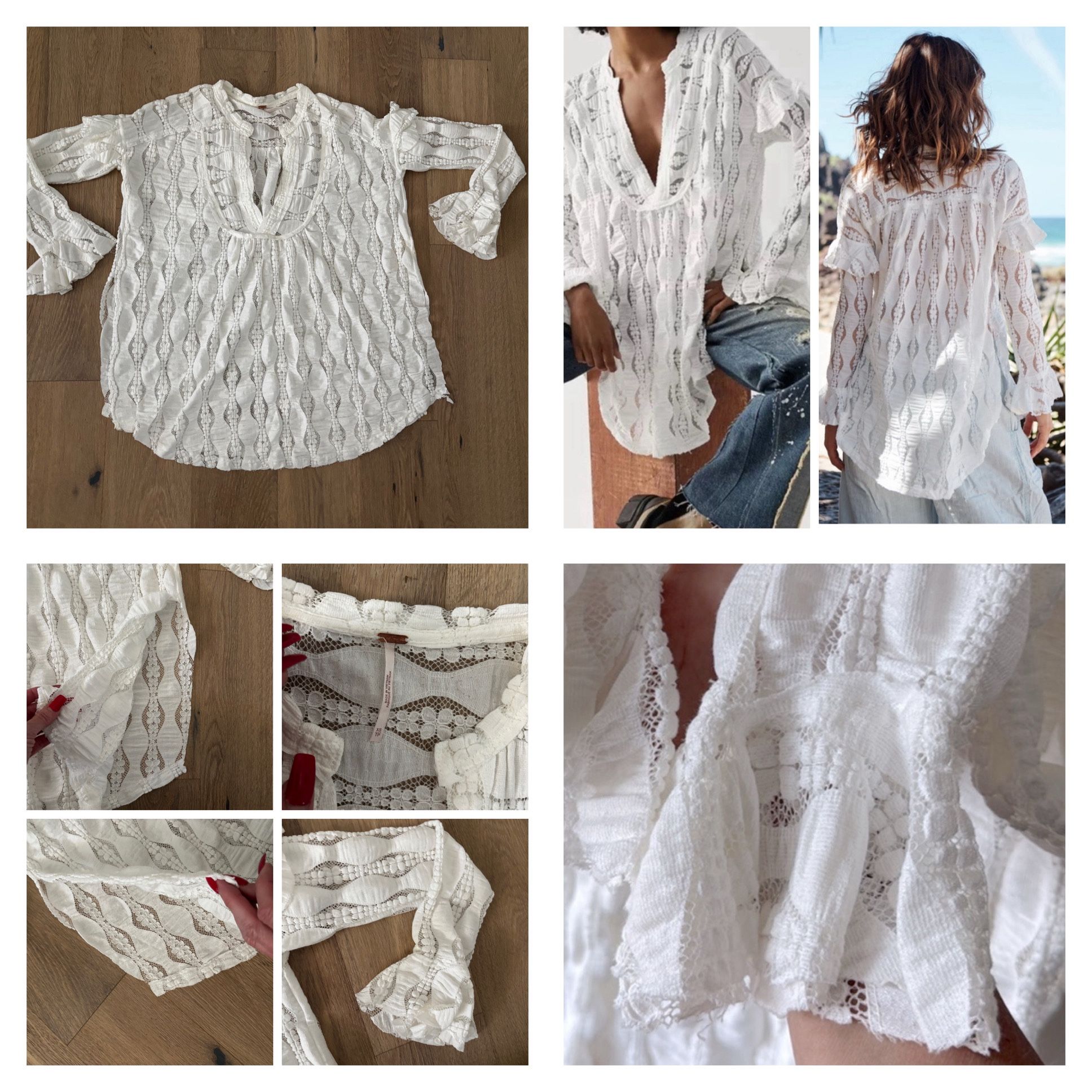 Free People Ivory Candy Shop Lace Long Sleeve Ruffle Boho Textured Tunic Top XS