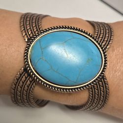 Large Statement Coppertone With Cabochon Faux Turquoise Adjustable Bracelet 