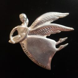 Vintage Midcentury Angel Silvertone "Blessed Are Mother's" Brooch/Pendant 2" F10 