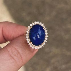 1ct VS Natural Diamond Halo Ring With Large Natural Lapis 14k Solid Gold Custom Ring