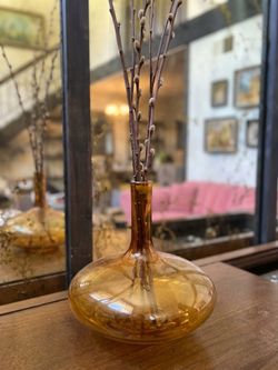 Vintage Mid-Century Amber Glass Decanter Vase with Faux Pussy Willow Stems