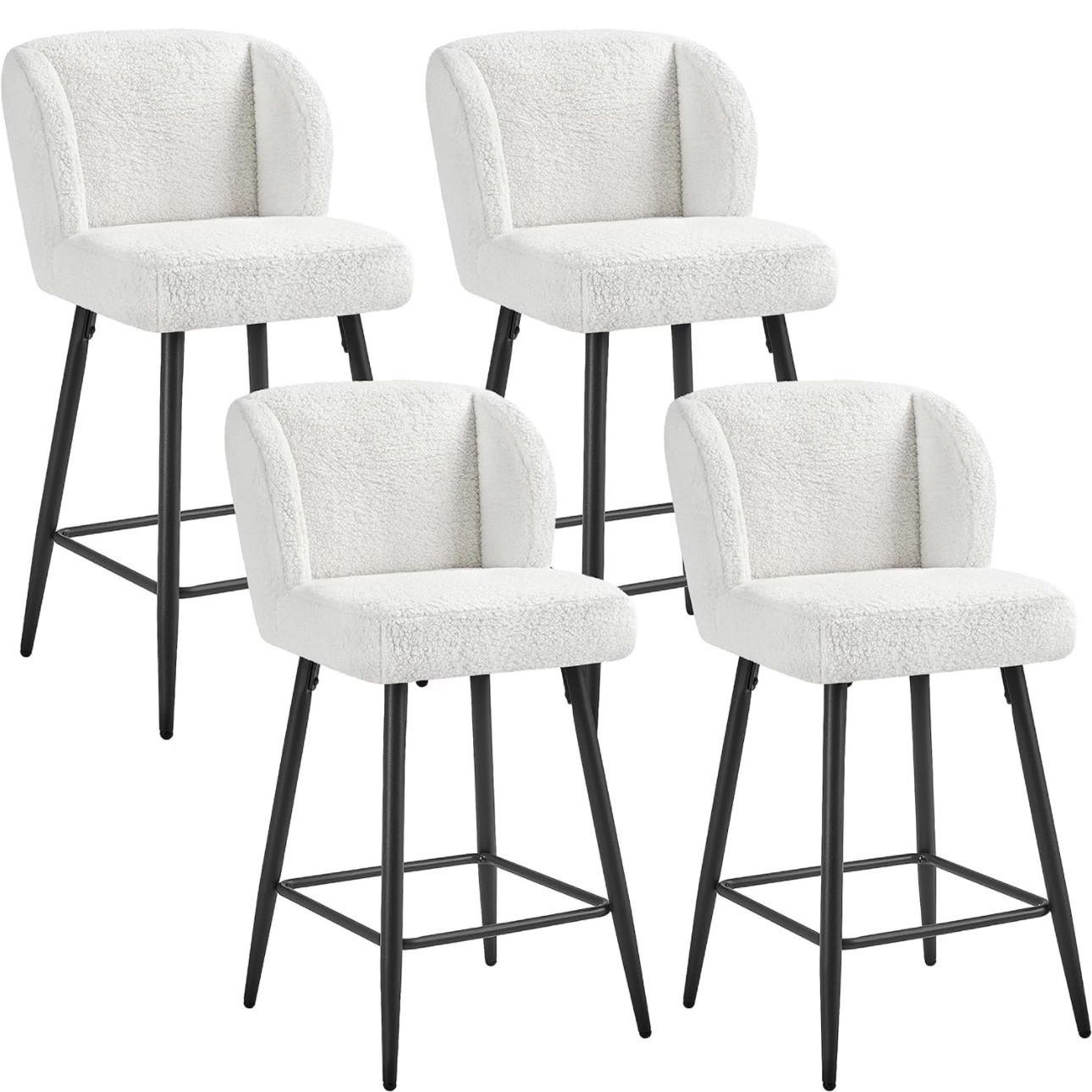 Bar Stools Set of 4 Boucle Fabric Upholstered Counter Height Stools Armless Kitchen Island Stools with Black Metal Legs for Pub Club Kitchen, White 61
