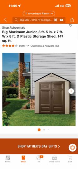 Shop Rubbermaid Big Maximum Junior, 3 ft. 5 in. × 7 ft. W × 8 ft. D Plastic Storage Shed, 147 sq. ft.