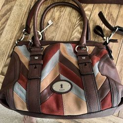 VINTAGE Fossil Maddox Brown Leather Chevron Patchwork Crossbody.