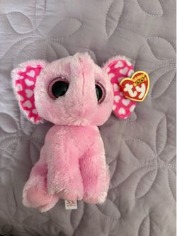 Ty Beanie Boos "Sugar" Pink Elephant Plush with Heart Pattern Ears & Glitter Eyes