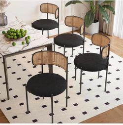 New -Kitchen Chairs Set of 4, Mid-Century Modern Dining Chairs,Kitchen Dining Room Chairs, Rattan Backrest Round Upholstered Sherpa Dining Chairs,Blac