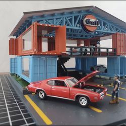 1/64 scale Gulf Workshop Garage Diorama Display Compatible with Hot Wheels Cars 