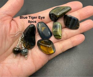 Blue Tiger Eye Genuine Stone Handmade Earrings & Polished Stones 8 pcs Total
