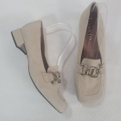 Franco Sarto Cream Suede Silver Hardware Block Heel Loafer Pumps Women Size 9M