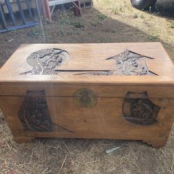 Vintage Chinese Carved Camphor Chest with Brass Hardware 