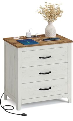 Farmhouse Nightstand with Charging Station, Bedside Table, Side End Table with 3 Drawers, for Bedroom, Taupe Brown ULET679T01