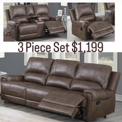 3 Piece Set Brown Manual Recliner Sofa Loveseat Chair With A