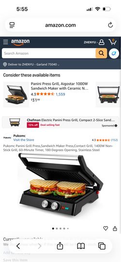 Pukomc Panini Grill Press,Sandwich Maker Press,Contact Grill, 1400W Non-Stick Grill, 60-Minute Timer, 180 Degrees Opening, Stainless Steel