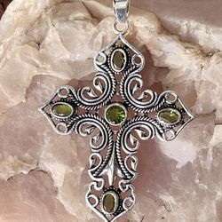 Fancy Green Peridot Cross 925 Silver 2.5” Pendant