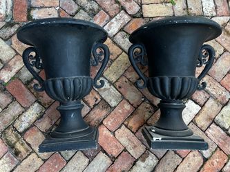 Pair Black Urns Scroll  Handles Planter