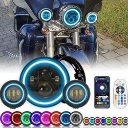 SUNPIE Compatible with Harley Motorcycles 7 inch RGBW Halo Headlight Bulb Black+4-1/2 inch RGBW Fog Lights w Mounting Bracket Waterproof App Remote