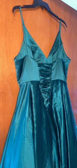 Green long satin prom dress corset back Large