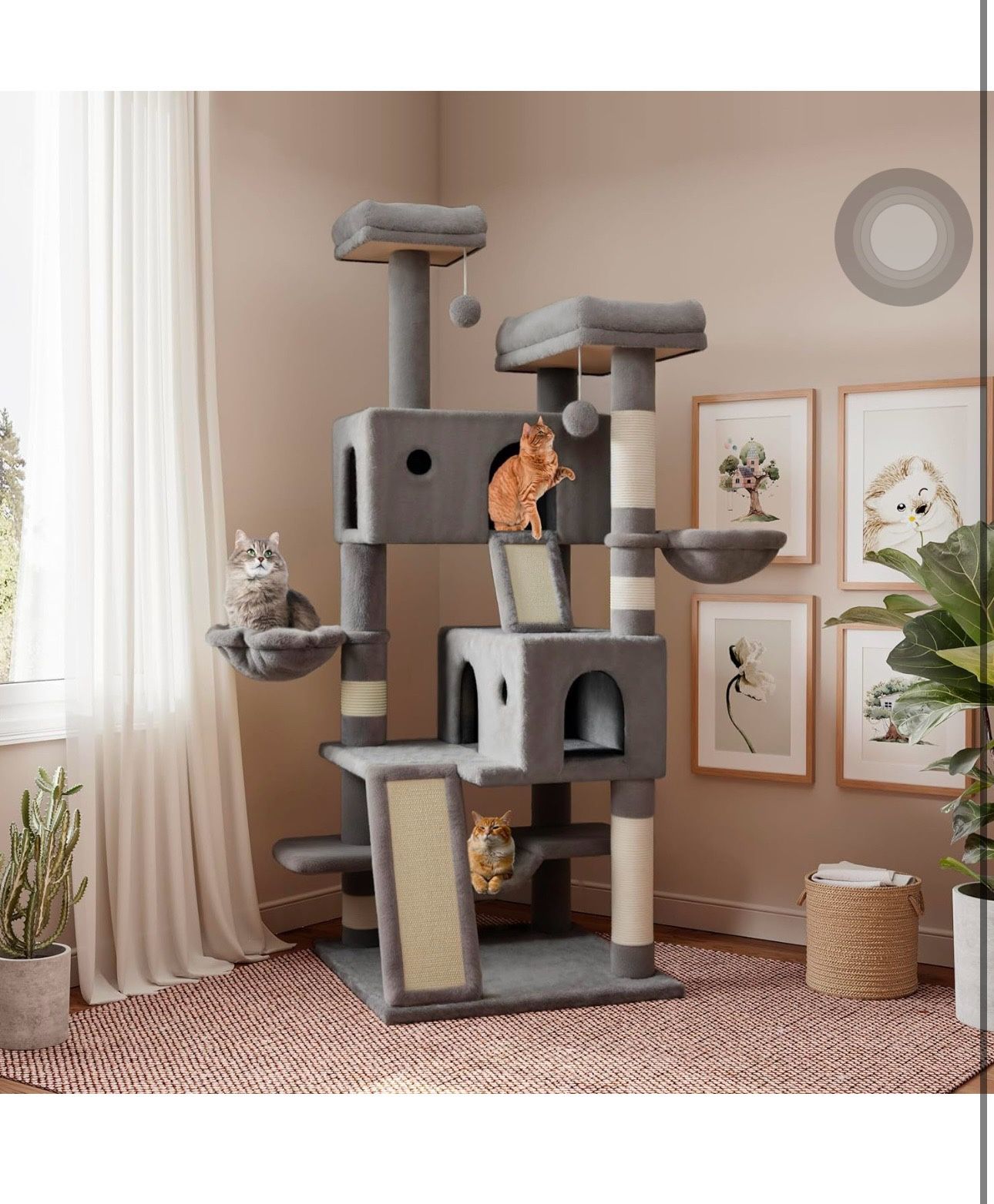 65in Larger Cat Tree Tower Condo for Indoor Cats, Multi-Level Furniture Activity Center with Wide Base/Cozy Plush Cat Perches/Baskets/Sisal Scratching