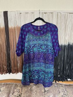 Purple and teal Carole Little boho long line blouse with beaded details; perfect condition