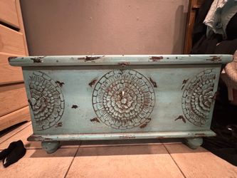 Distressed Teal Wooden Storage Trunk